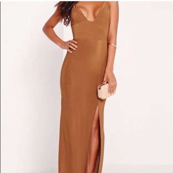 Missguided Brown / bronze spaghetti strap Maxi Dress with Plunge Neckline formal - Picture 1 of 4